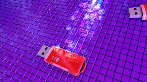 Futuristic 3d illustration of two red flash drives on a violet cyber platform Stock Illustration