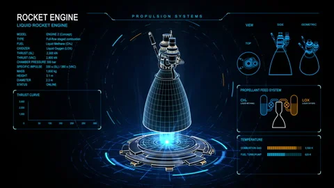 Futuristic 3D interface featuring a liquid rocket engine Stock Footage 347267425