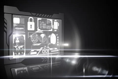 Futuristic 3D interface is floating above dark surface displaying padlock icon Stock Photos