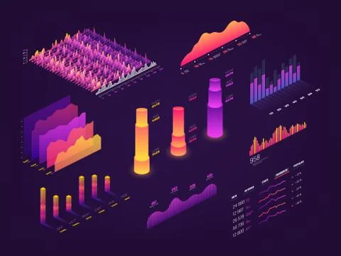 Futuristic 3d isometric data graphic, business charts, statistics diagram and Illustrazione stock