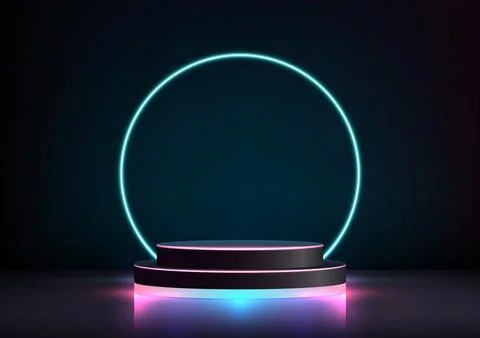 Futuristic 3D Light Podium Stand Decoration with Blue Neon Glow. Vector Ill.. Stock Illustration