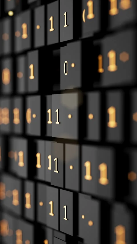 Futuristic 3D loop of glowing binary code on uneven dark blocks. Stock Footage 341888567