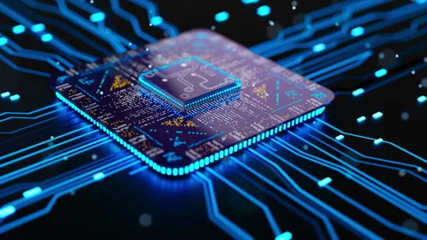 Futuristic 3D microchip with neon circuits for AI and cybersecurity Stock Footage 341884255