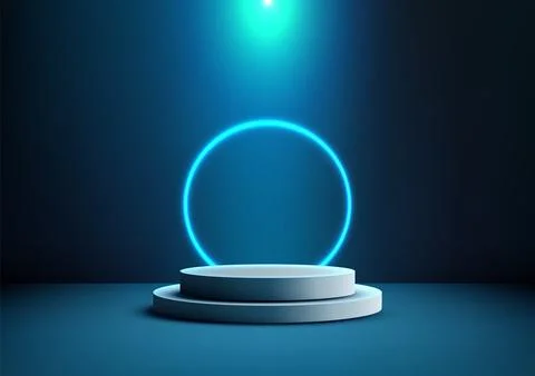 Futuristic 3D Neon Blue Ring Above White Podium, High Tech Product Showcase.. Stock Illustration