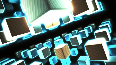 Futuristic 3d Neon Cyan and Teal Glowing Cube Tunnel Abstract Motion Stock Footage 343698544