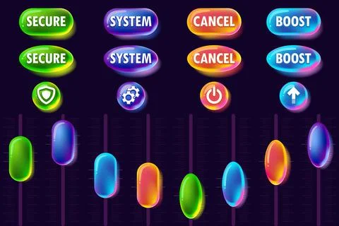 Futuristic 3D neon UI kit with glossy glass buttons and sliders Stock Illustration