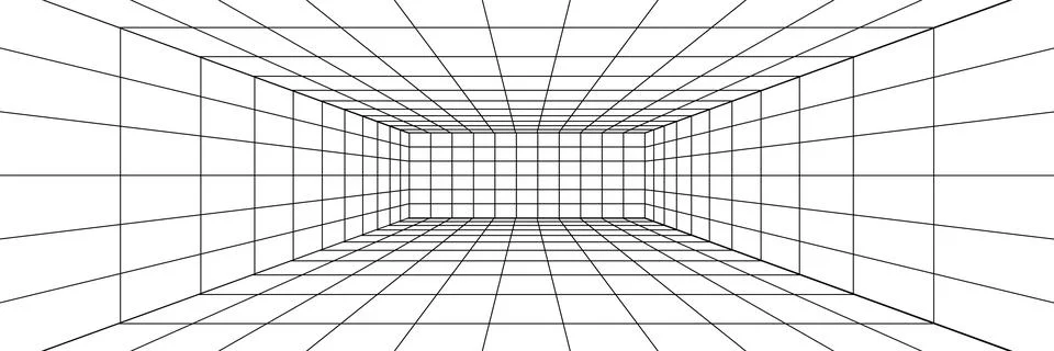 Futuristic 3D perspective grid room on white bg. Abstract wireframe with black イラスト素材