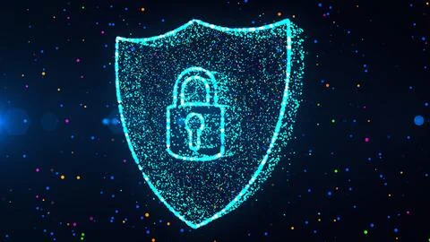 Futuristic 3d Perspective Shield Lock Symbol Cyber Security Dots Lines Sparkle Stock Illustration