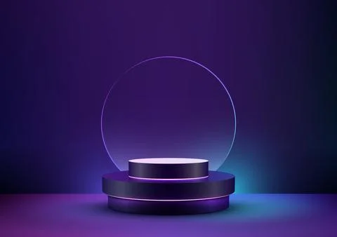 Futuristic 3D Podium Steps Showcase with Neon Colors on Dark Blue Backgroun.. Stock Illustration