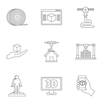 Futuristic 3d printer icon set, outline style Stock Illustration