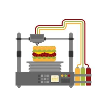 Futuristic 3D printer producing a cheeseburger. Symbol of food innovation, .. Stock Illustration