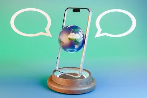 Futuristic 3D render of globe inserted in smartphone frame with chat bubbles Stock Illustration