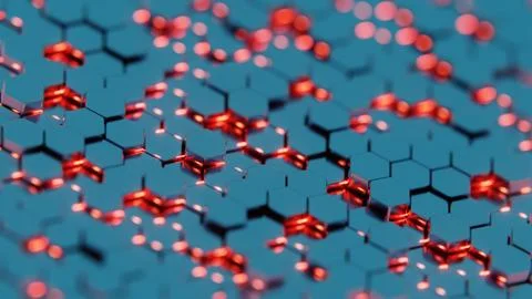 Futuristic 3D Render of Glowing Hexagonal Pattern - Neon Blue and Red Geometr 스톡 일러스트