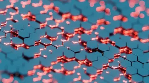 Futuristic 3D Render of Glowing Hexagonal Pattern - Neon Blue and Red Geometr Stock Illustration