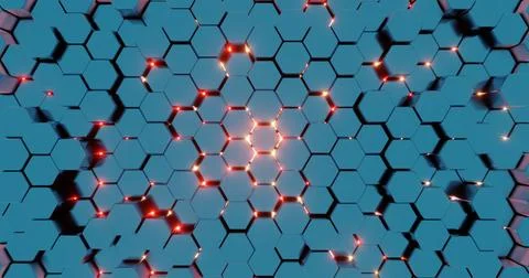 Futuristic 3D Render of Glowing Hexagonal Pattern - Neon Blue and Red Geometr Stock Illustration