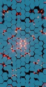 Futuristic 3D Render of Glowing Hexagonal Pattern - Neon Blue and Red Geometr Stock Illustration