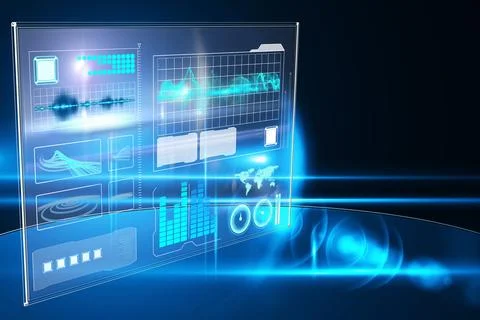 Futuristic 3D render holographic interface floating on platform, showing charts, Stock Illustration