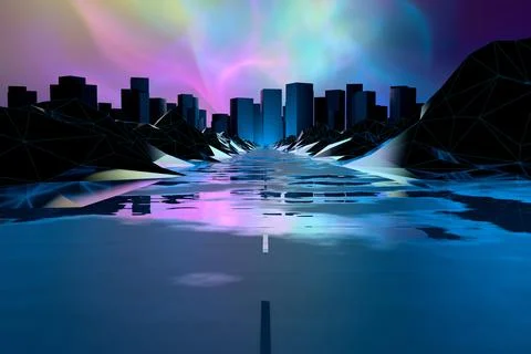 Futuristic 3D Rendered Electric Blue Ethereal Sunset Cityscape Road Backgroun Stock Illustration