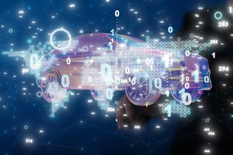 Futuristic 3D rendering of a car with binary code Stock Photos