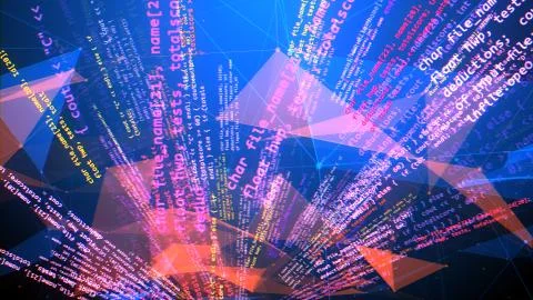 A futuristic 3d rendering of a chaotic coding program rotating like a set of  Stock Illustration