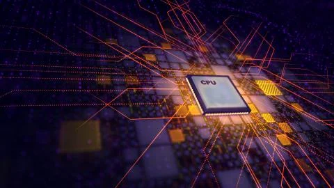 A futuristic 3d rendering of a CPU processor placed aslant in the violet back Stock Illustration