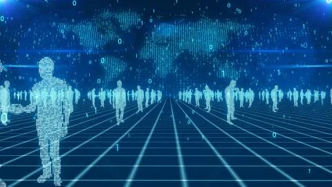 A futuristic 3d rendering of digital business people in light blue colors pla Illustrazione stock