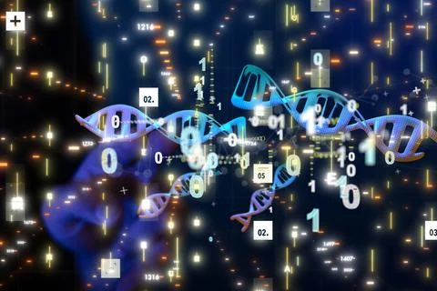 Futuristic 3D rendering of the DNA and binary code network Stockfoto's