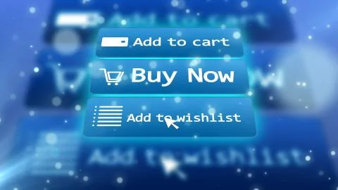 Futuristic 3D rendering of  internet shop with such commands as add to cart,  Illustrazione stock