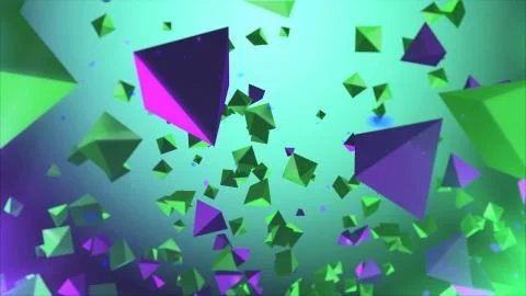 Futuristic 3d rendering of multicolored and different size pyramids flying in Stock Illustration