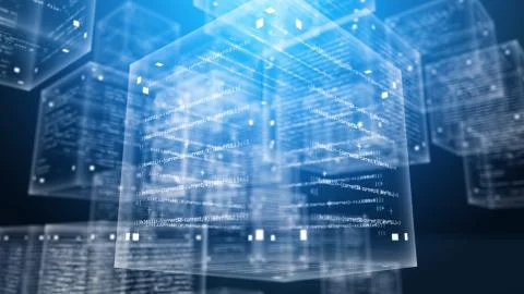 A futuristic 3d rendering of transparent program code boxes full of digits, l Illustration