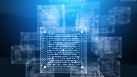A futuristic 3d rendering of transparent program code square and several cube Illustration