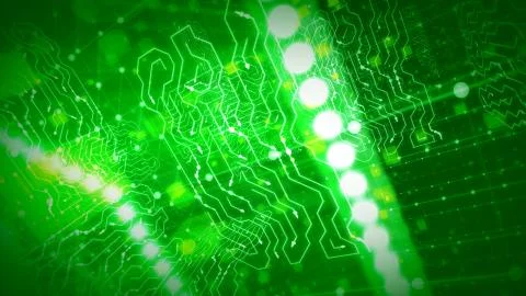 A futuristic 3d rendering of a volumetric circuit processor placed aslant in  Illustrazione stock