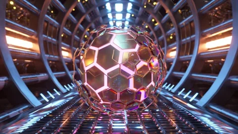 Futuristic 3D sphere with hexagon pattern inside sci-fi tunnel Stock Footage 272816917