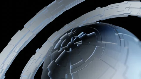 Futuristic 3D Sphere with Rotating Circular Tech Rings on Black Background 스톡 동영상 309868650