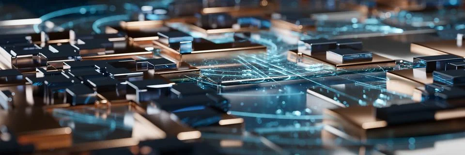 Futuristic 3D tech banner design. Golden and silver technology parts and blue Stock Illustration