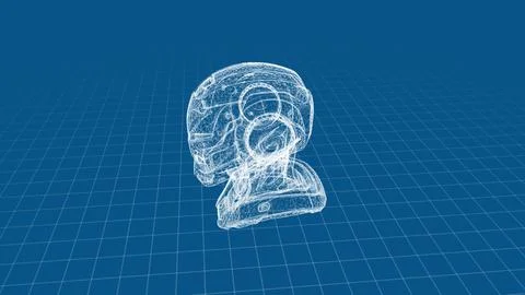 Futuristic 3D Wireframe of Advanced Robotic Head on Blue Grid Background Stock Illustration