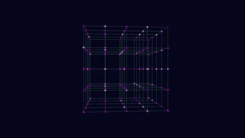 Futuristic 3D wireframe cube grid with glowing nodes on dark background Stock Footage 333188087