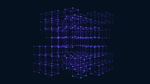 Futuristic 3D wireframe cubes network with glowing nodes on dark background Stock Footage 333188132