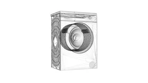 Futuristic 3D Wireframe Design of a High-Tech Washing Machine Concept Art Stock Illustration