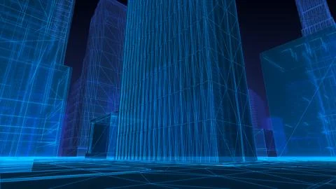 Futuristic 3D Wireframe Digital City Ilustración de archivo