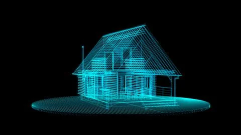 A futuristic 3D wireframe model of a house glows against a black background Stock Illustration