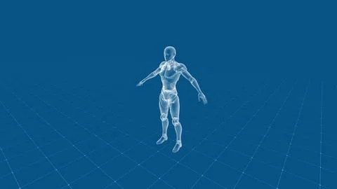 Futuristic 3D Wireframe Model of Human Figure on Grid Background Stock Illustration