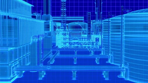 Futuristic 3d wireframe oil refinery building Stock Footage 148828945