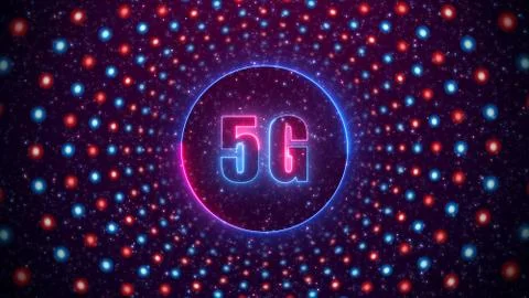 Futuristic 5G Cellular Network Neon Light Style Inside Red And Blue Dotted Line  Stock Illustration