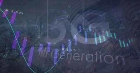 Futuristic 5G Generation visualization floating over trees at night, with Ilustração Stock