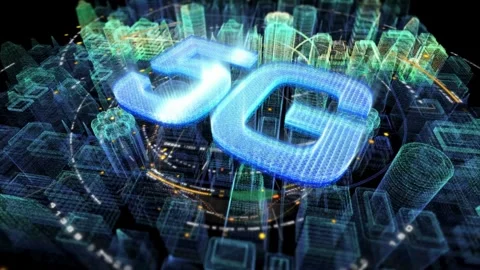 Futuristic 5G network hologram rotating over digital wireframe city Stock-Footage 333484669