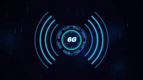 Futuristic 6g network logo animation on dark background with blue glowing s.. Stock Footage 345334412