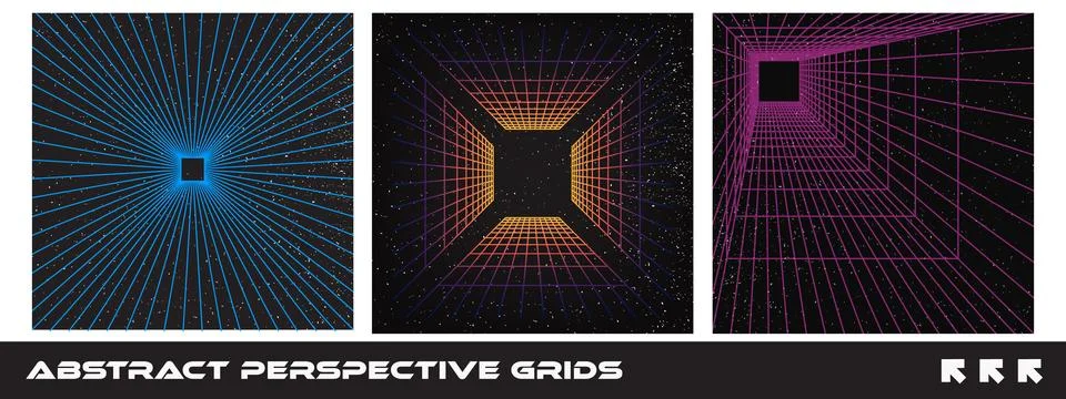 Futuristic 80s perspective grid floor background set. Neon wireframe box wi.. Stock Illustration