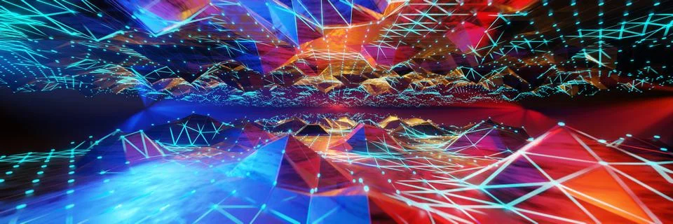 Futuristic abstract 3D wireframe landscape with glowing dots and neon lines.. 스톡 일러스트