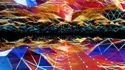 Futuristic abstract 3D wireframe landscape with glowing dots and neon lines.. 스톡 일러스트